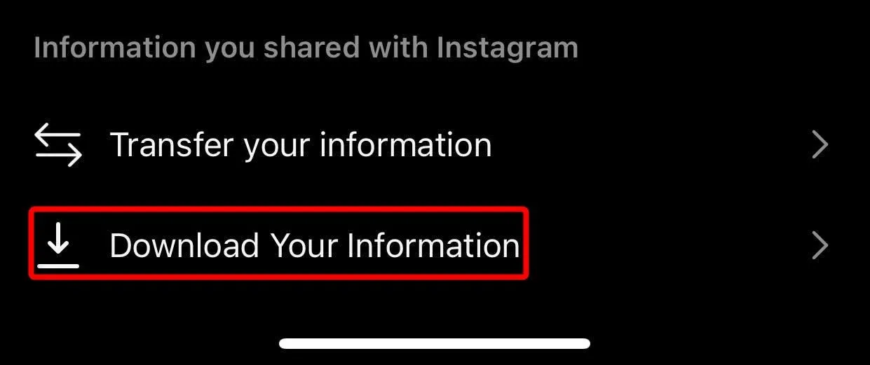 Yêu cầu Instagram tải xuống thông tin tài khoản qua ứng dụng điện thoại