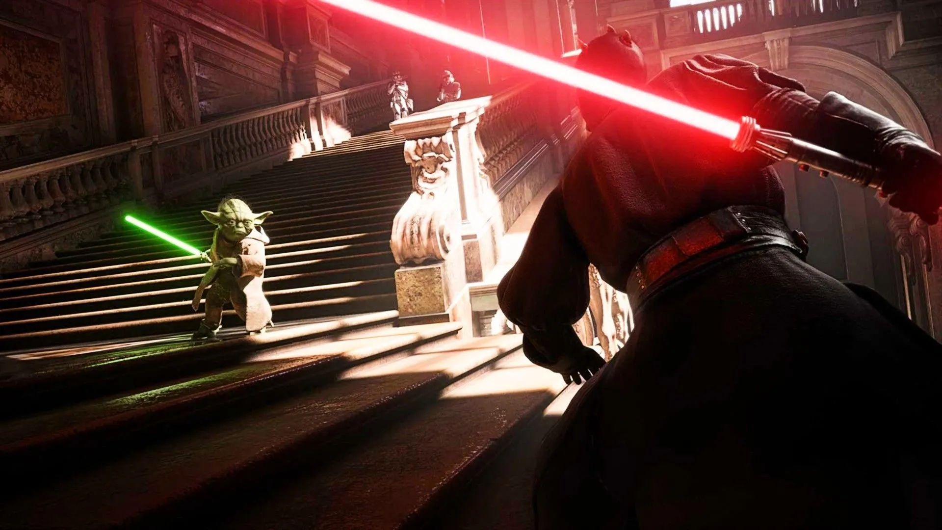 Yoda đối đầu Darth Maul trên chiến trường trong Star Wars Battlefront 2.